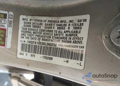 2006 Honda Civic Lx z USA, uszkodzony, nr VIN 1HGFA16536L069256